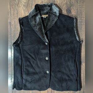 Andrea Faye Vintage Black Faux Suede Vest Faux Fur Lining & Collar Size L USA